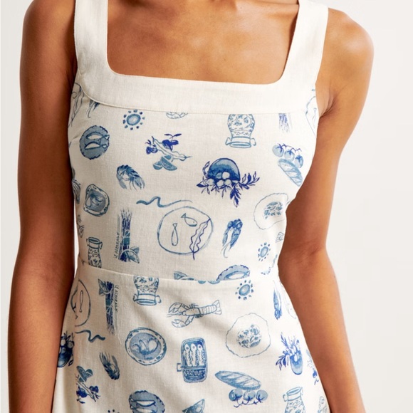 NWT Abercrombie Linen-Blend Wide Strap Mini Dress Mediterranean Greek Print - Picture 7 of 7